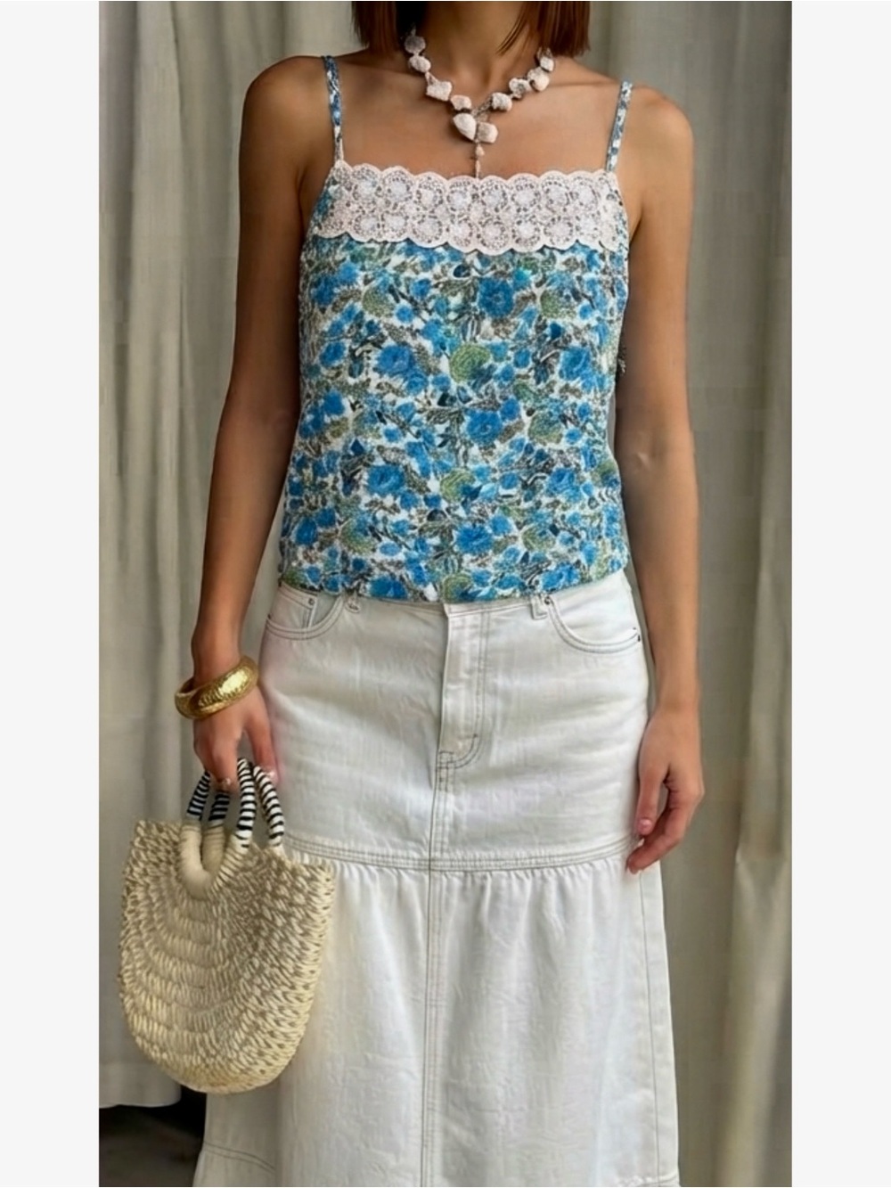 LOFT Floral Cami Blouse Cottage Blue Spaghetti Strap Top Lace Accent Sz Small P